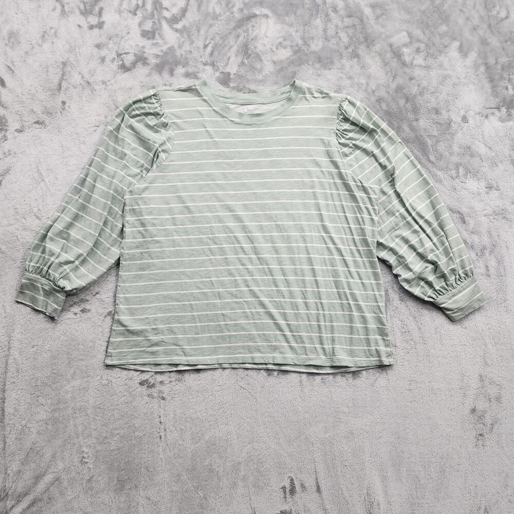 Maurices Top Womens XXL Green White Striped Crew Neck 3/4 Puff Sleeve Pullover
